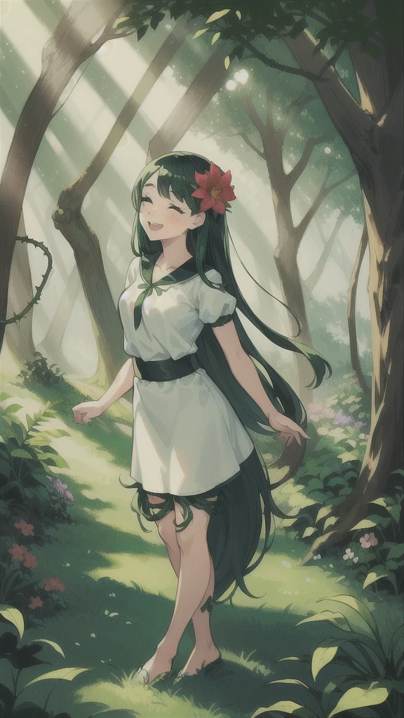 (1girl ,20s,mature female,adult),happy,white shirt,short sleeves,black standard tiegreen hair,long hair,(forest,sunlight),full body,alraune, flower, vines