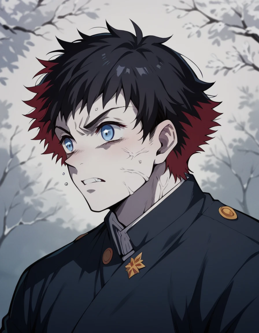 A boy with messy black hair, pale skin, blue eyes, white haori with red spots and the demon hunter uniform