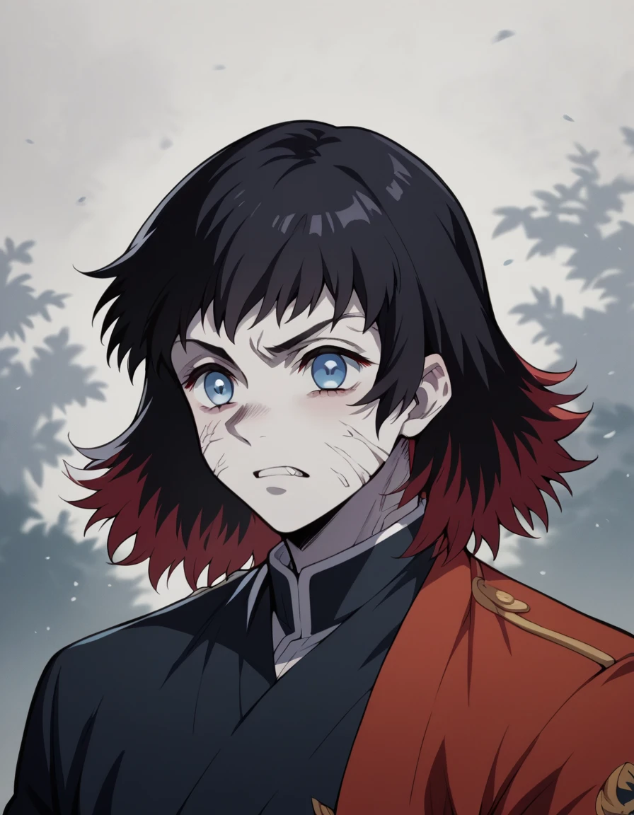 A boy with messy black hair, pale skin, blue eyes, white haori with red spots and the demon hunter uniform