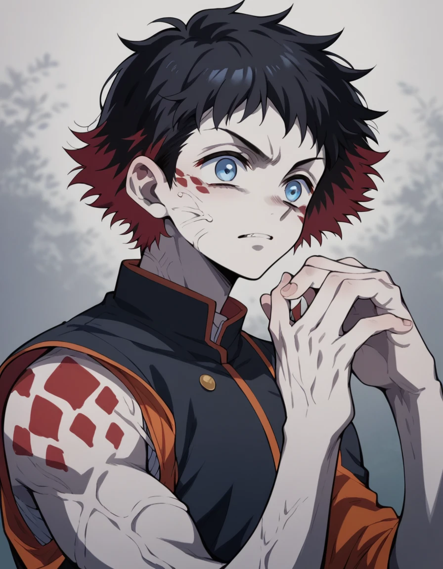 A boy with messy black hair, pale skin, blue eyes, white haori with red spots and the demon hunter uniform