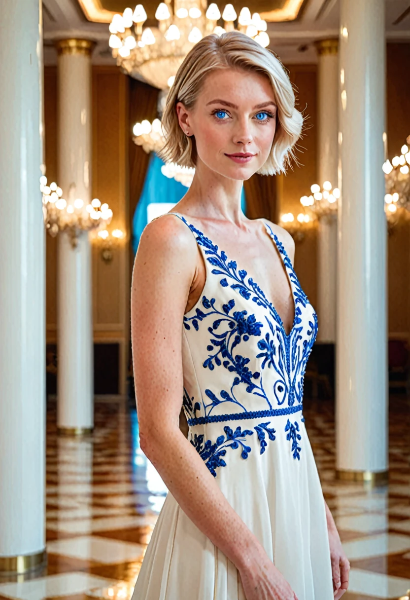Make a picture of a tall blonde woman with short hair with blue eyes is in a white dress in a ballroom 