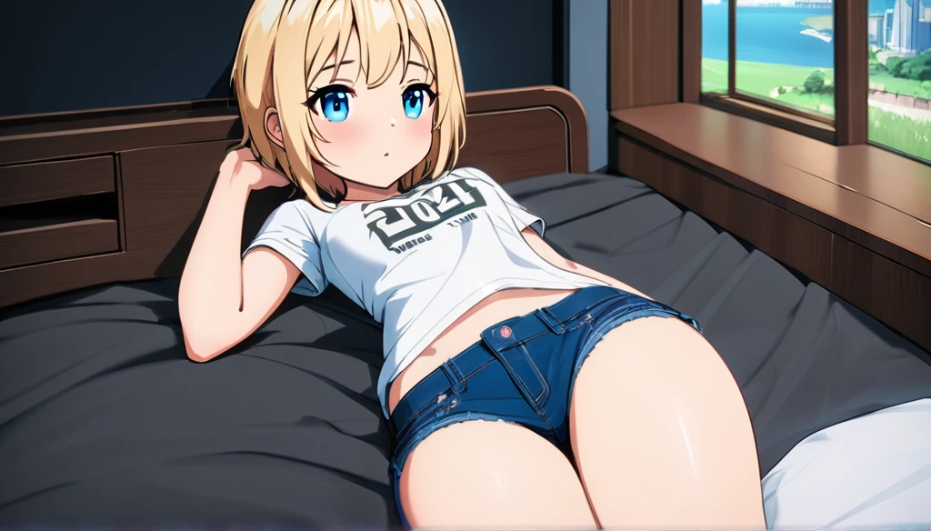((anime onichichi art, masterpiece, 4k, extreme quality)).
The year is 2024.
The theme is prostituition.
The setting is a 25m² room, the walls are white, the ceiling has friezes with 3000k LED that completely illuminates the setting, the floor is wooden, there is a wooden double bed with a light pink cover, a wooden nightstand next to.
There is a -yeld gi she is lying on the bed on her back, short height(short:1.9), blonde(long:1.9) hair(bright:1.9) messy, blue eyes(bright:1.9), face wonderful, slim body(thin: 1.9), round breasts(large: 1.5), thin waist(thin: 1.9), round ass(large: 1.3), wide hips, slender thighs, wearing shorts(short: 1.4) jeans with open zipper, wearing a white t-shirt(short: 1.4), she is embarrassed posing sensually.
Complete view of the scene.