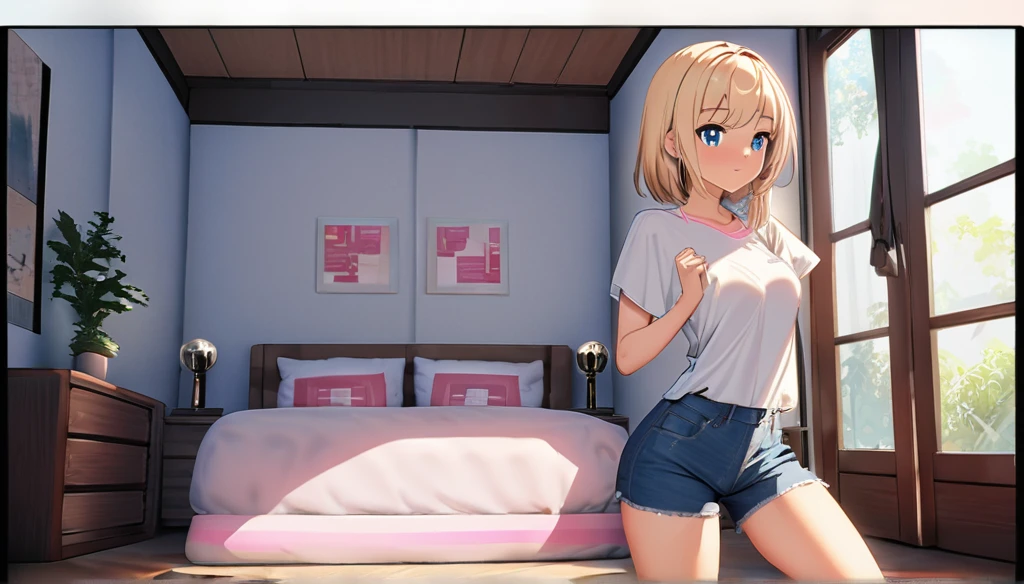 ((anime onichichi art, masterpiece, 4k, extreme quality)).
The year is 2024.
The theme is prostituition.
The setting is a 25m² room, the walls are white, the ceiling has friezes with 3000k LED that completely illuminates the setting, the floor is wooden, there is a wooden double bed with a light pink cover, a wooden nightstand next to.
There is a , she is lying on the bed on her back, short height(short:1.9), blonde(long:1.9) hair(bright:1.9) messy, blue eyes(bright:1.9), face wonderful, slim body(thin: 1.9), round breasts(large: 1.5), thin waist(thin: 1.9), round ass(large: 1.3), wide hips, slender thighs, wearing shorts(short: 1.4) jeans with open zipper, wearing a white t-shirt(short: 1.4), she is embarrassed posing sensually.
Complete view of the scene.