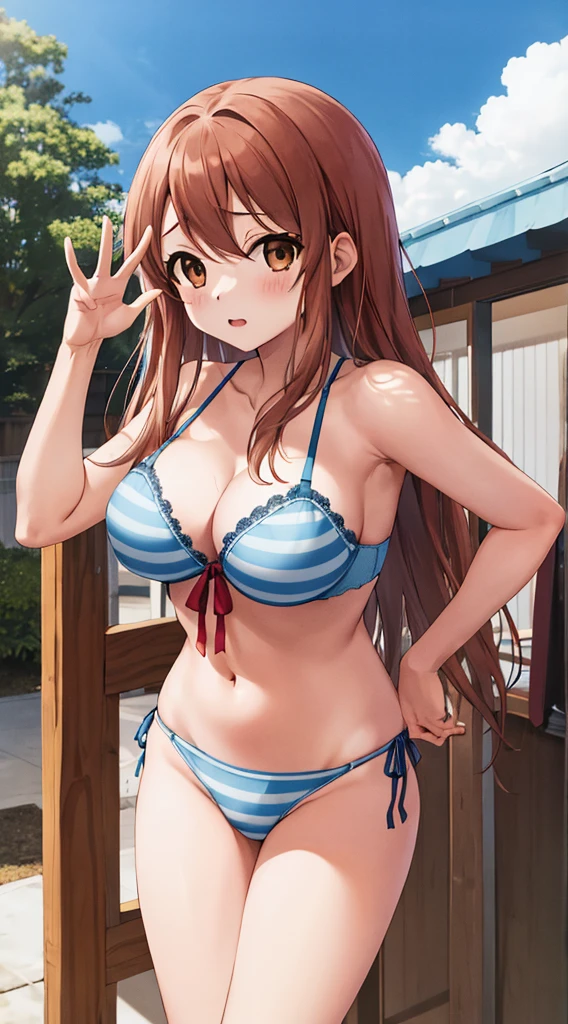 In underwear、Panties in full view、Blue Stripes々Panties、Blue Stripes々Large bra 1, 1girl, asahina mikuru, long hair, kita high , solo,  short sleeves, red ribbon, large breasts, cowboy shot, waving, outdoors, leaning forward,