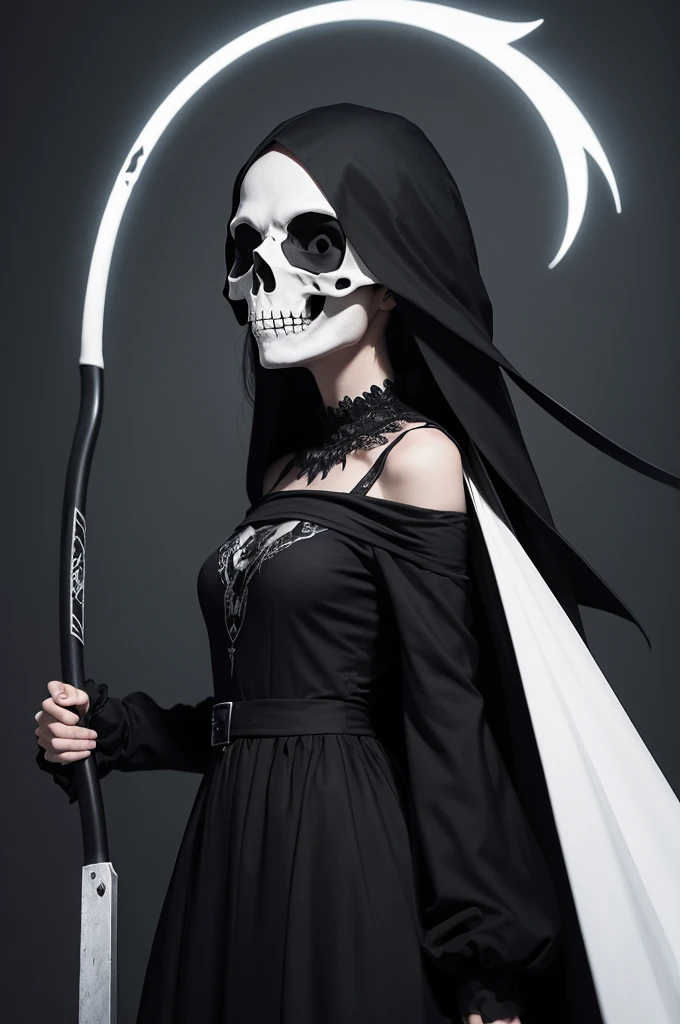 1 Skull symbol of death wearing a long black dress with a white mask from the film Panic, with notebook in one hand and scythe in the other