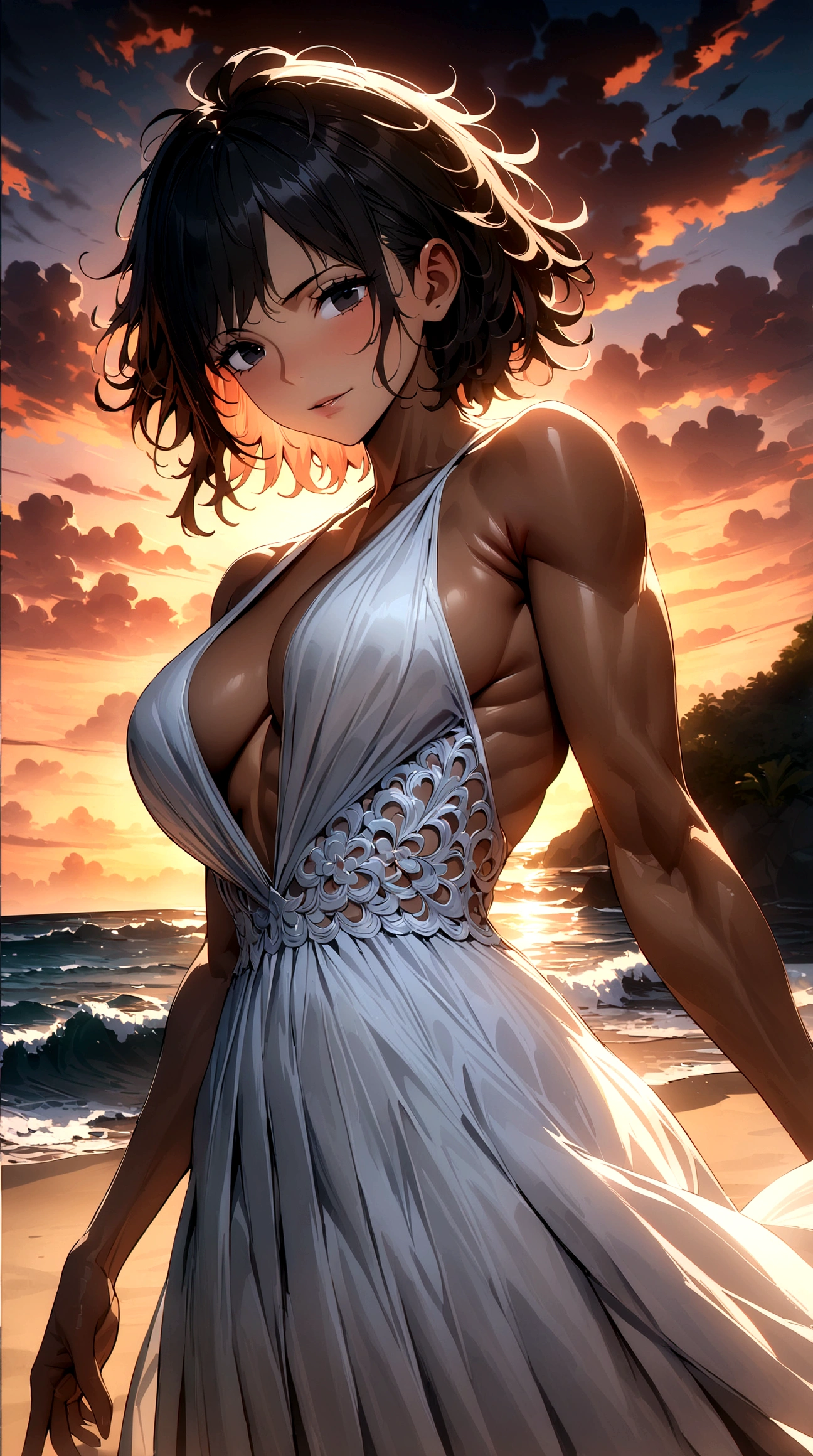 highres, ultra-detailed, (best quality,4k,highres,masterpiece),subdued colors, vivid colors, professional lighting, detailed lips, detailed eyes, tomboy girl, tomboy style, black hair, brown skin, short hair, ((messy hair)), strong body, ((tanned skin)), angelical smile, detailed muscles, ecchi, erotic, ((sunset)), beach background, ((majestic white dress)), (one piece dress), ((black eyes)), neutral face, best quality, masterpiece, 4k, HDR, 