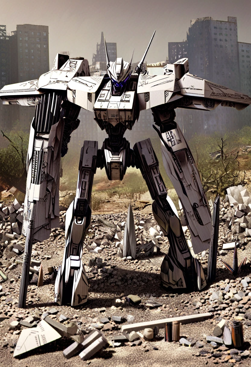A mesmerizing papercraft illustration of a futuristic mecha robot standing amidst the ruins of a post-apocalyptic city. The robot is intricately constructed from layers of paper, showcasing an arsenal of weapons including swords, guns, and missiles. The overall design of the robot exhibits a nostalgic charm, blended seamlessly with sleek, modern aesthetics. The background portrays a desolate cityscape with smoldering buildings, evoking a sense of loneliness and despair. The intricate details of the robot and the grim atmosphere create a captivating juxtaposition of the old and the new., illustration