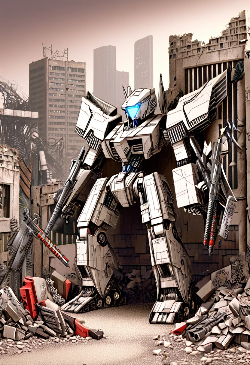 A mesmerizing papercraft illustration of a futuristic mecha robot standing amidst the ruins of a post-apocalyptic city. The robot is intricately constructed from layers of paper, showcasing an arsenal of weapons including swords, guns, and missiles. The overall design of the robot exhibits a nostalgic charm, blended seamlessly with sleek, modern aesthetics. The background portrays a desolate cityscape with smoldering buildings, evoking a sense of loneliness and despair. The intricate details of the robot and the grim atmosphere create a captivating juxtaposition of the old and the new., illustration