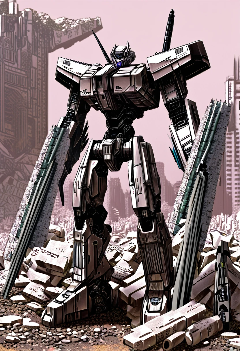 A mesmerizing papercraft illustration of a futuristic mecha robot standing amidst the ruins of a post-apocalyptic city. The robot is intricately constructed from layers of paper, showcasing an arsenal of weapons including swords, guns, and missiles. The overall design of the robot exhibits a nostalgic charm, blended seamlessly with sleek, modern aesthetics. The background portrays a desolate cityscape with smoldering buildings, evoking a sense of loneliness and despair. The intricate details of the robot and the grim atmosphere create a captivating juxtaposition of the old and the new., illustration