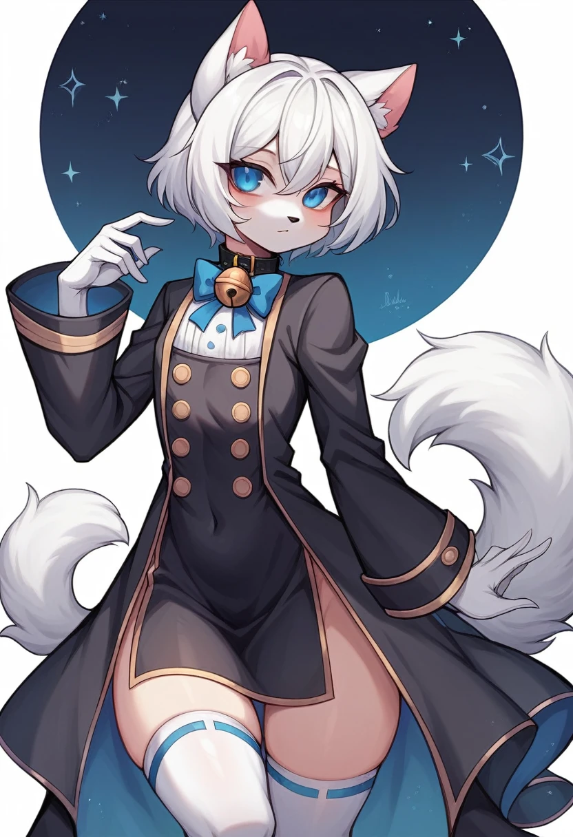 Furry, Furry dragon (anthro), cute fur, eyes black, god of eyes, gray witch hat with black bow, fur all over belly and thigh, artwork, detailded, Perfect artwork, (VOLUMOUS WHITE fur ON THE NECK), White dragon's tail, Kemono, wearing glasses without rounded lenses, cute thighs, shiny thigh, gray striped silk socks, and black, black and gray striped silk gloves, detailed crotch, no clothing