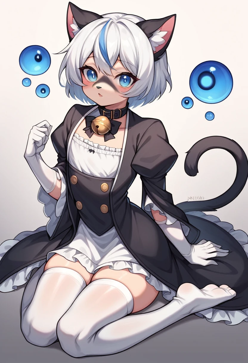 work of art, perfect, highy detailed, (small hibryd anthro cat femboy), fluffy black fur, ((blue colored eyes)), ((1))fluffy cat tail, short white hair, tiny chest, (black cat ears), Wearing a BLACK collar, very short maid dress, White silk gloves, silk white thigh socks, wearing a black muzzle, True muzzle, god of eyes, niji, god of eyes, niji,black collar with bell, cute thighs, blue colored eyes brilhantes, detailed coat, black coat.