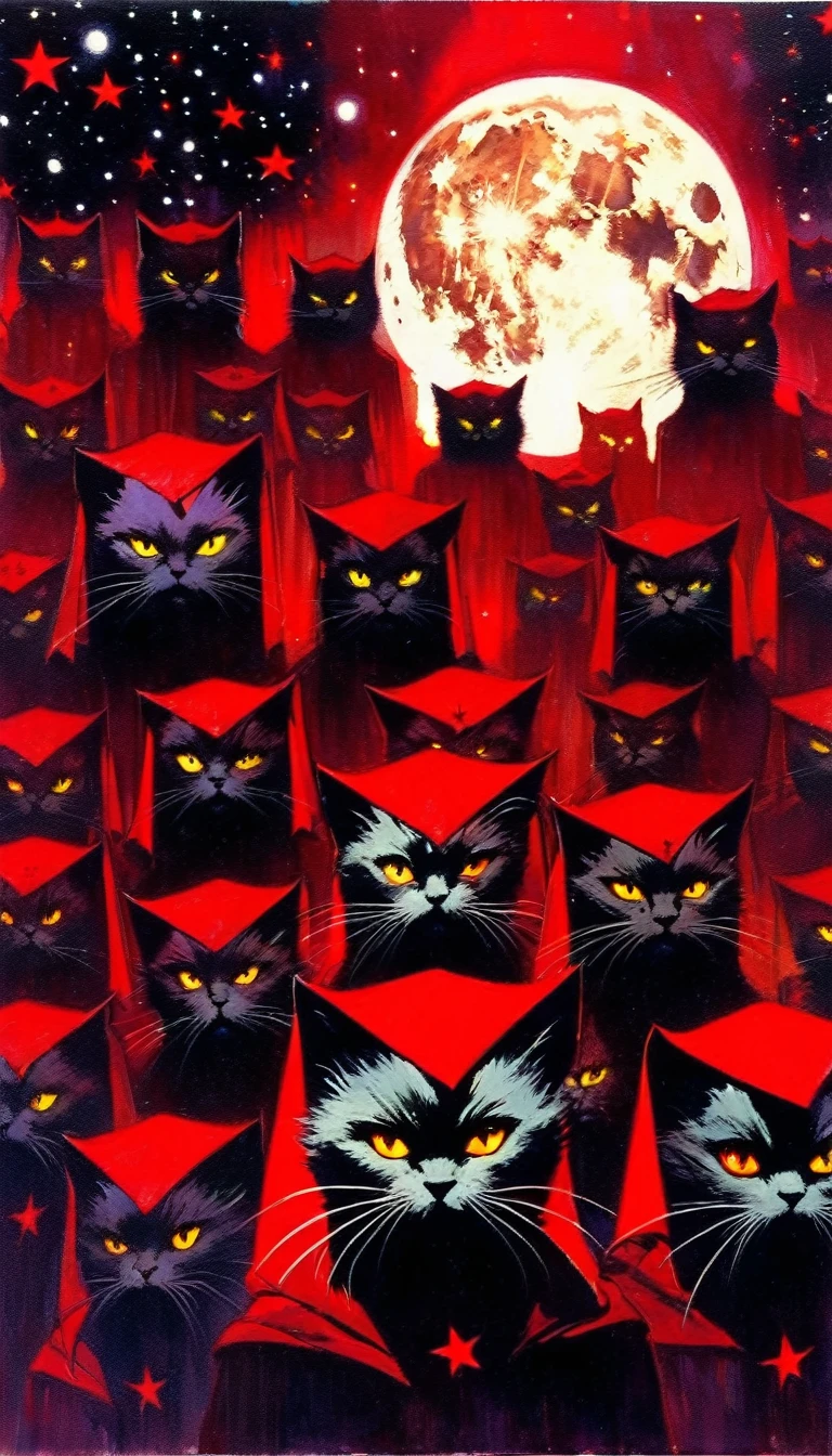 the conclave of the communist cats, sinister, evil, demonic,red star, magic, fantastic, night sky, moon, stars, background, (art inspired in Bill Sienkiewicz). oil painting)
