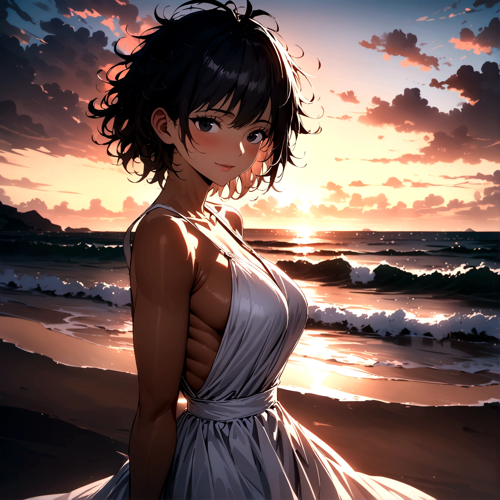 highres, ultra-detailed, (best quality,4k,highres,masterpiece),subdued colors, vivid colors, professional lighting, detailed lips, detailed eyes, tomboy girl, tomboy style, black hair, brown skin, short hair, ((messy hair)), strong body, ((tanned skin)), angelical smile, ecchi, erotic, ((sunset)), beach background, ((majestic white dress)), (one piece dress), ((black eyes)), neutral face, best quality, masterpiece, 4k, HDR,