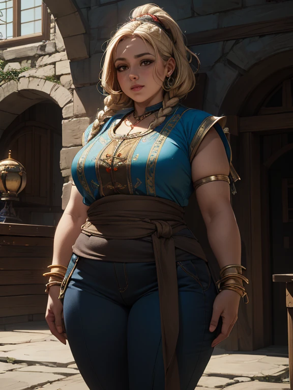 (masterpiece, highly detailed, artstation, absurdres, fantasy), solo, (big head), happy facial expression, (woman dwarf, short body, short legs, broad shoulders, broad waist, fat:1.3), blonde hair in long thick braids, golden face tattoos, bangles, longbow, light armor, blue shirt, brown pants, in a dwarven stronghold, sharp focus, cinematic composition, 