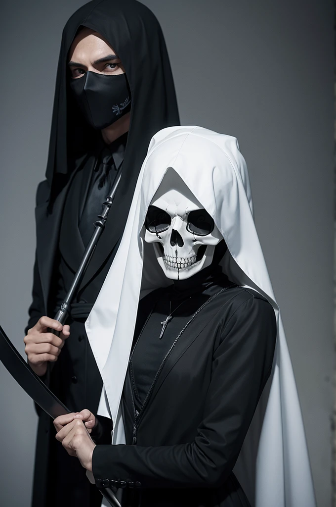 1 Male skull, symbol of death, wearing a long black dress with a white mask from the film Panic, with notebook in one hand and scythe in the other 
