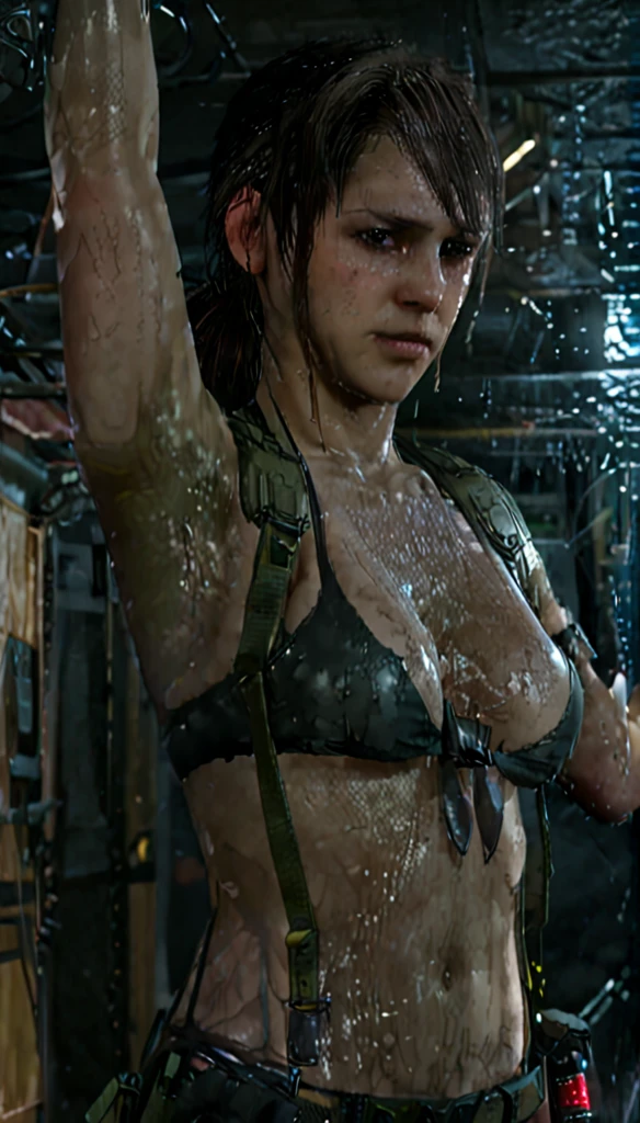 Videogame Character quiet_mgsv, short lighting technique, cinematic, sweaty armpits,see through bra,dripping with sweat,arms up, armpits detailed,unreal engine style,high resolution image,skin textures, cinematic style, cinematic lightning ,unreal engine style