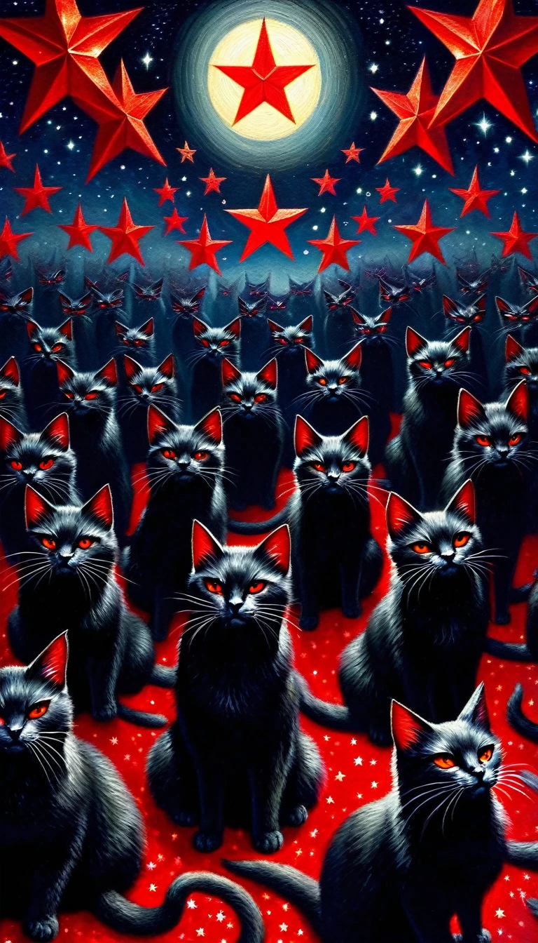 a demonic coven of communist cats, sinister communist cats, evil communist cats, communist cats with red stars, communist cats performing dark magic, communist cats against a night sky with moon and stars, detailed oil painting, masterpiece, sharp focus,physically-based rendering,extreme detail description,professional,vivid colors,bokeh,concept art
