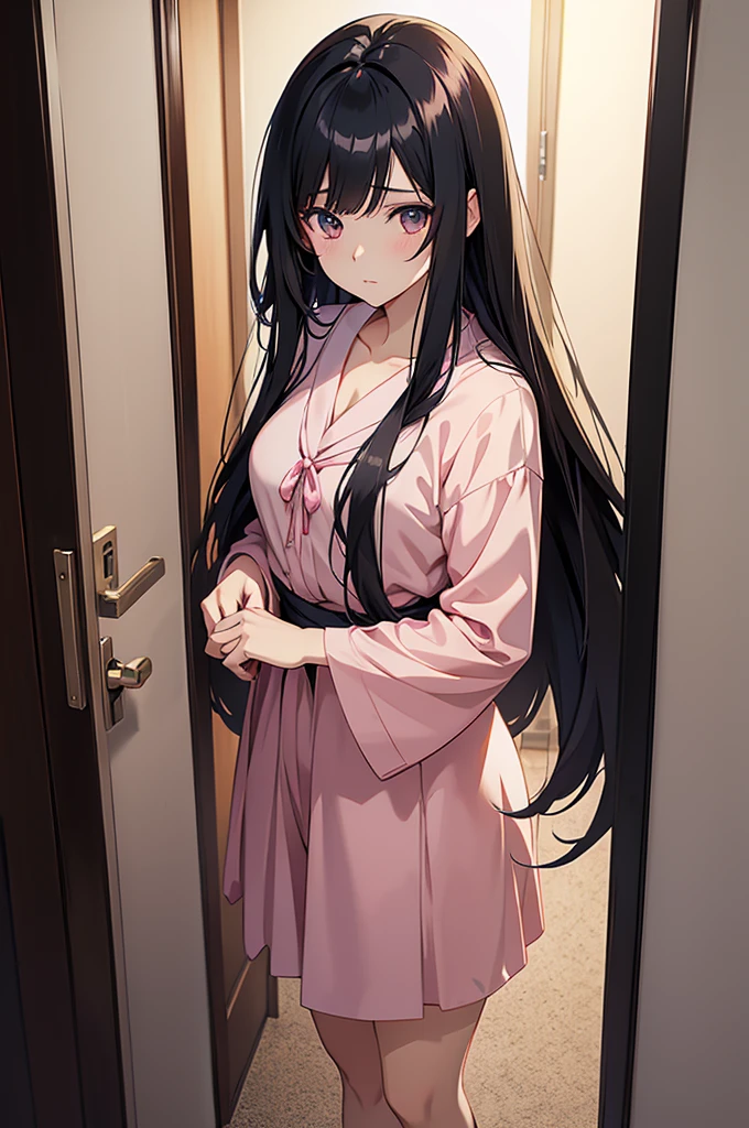 Anime girl with long black hair and pink blouse standing in front of a door., seductive anime girl, realistic anime art style, anime moe art style, semi realistic anime, semi-realistic anime style, painted in anime painter&#39;s studio, Gapmoe Yandere, soft anime cg art, digital anime illustration, realistic anime art style, made with anime painter studio, realistic young anime girl