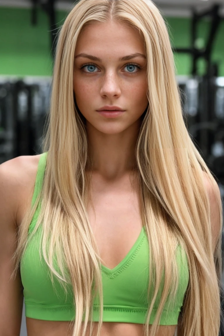 photo in the gym, a super realistic girl, Long blonde hair, large and pronounced bust, green eyes,
