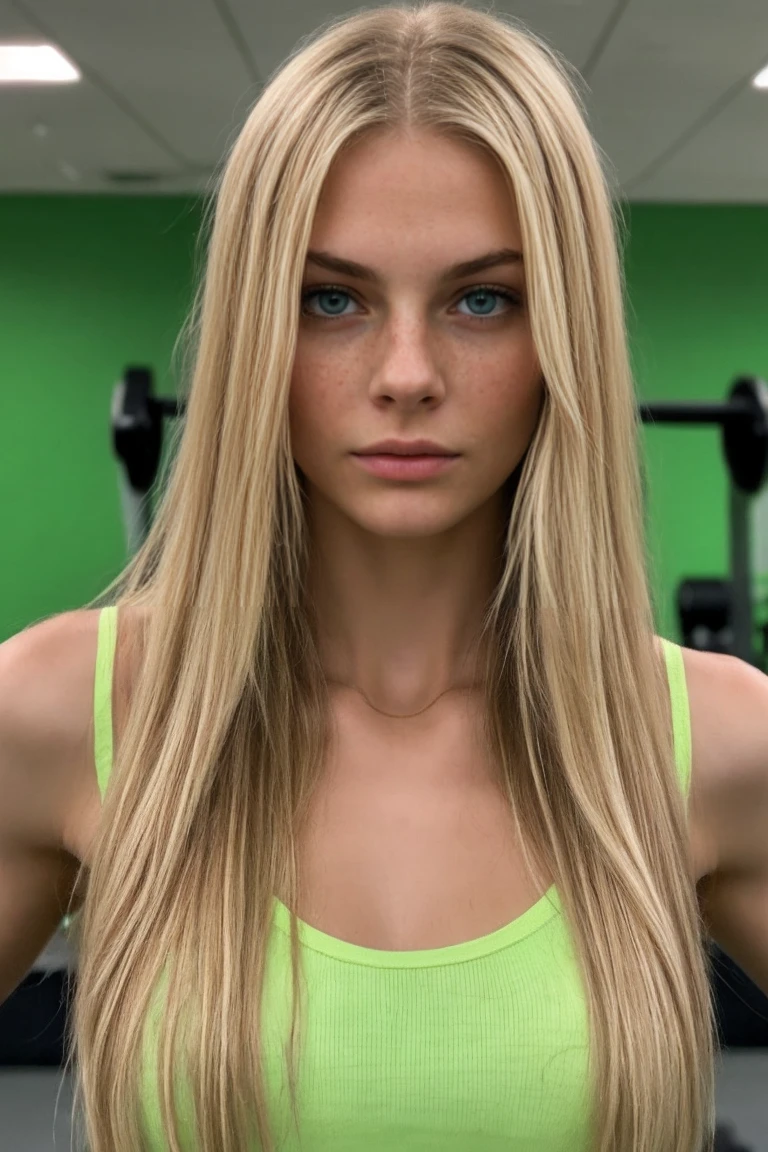 photo in the gym, a super realistic girl, Long blonde hair, large and pronounced bust, green eyes, 