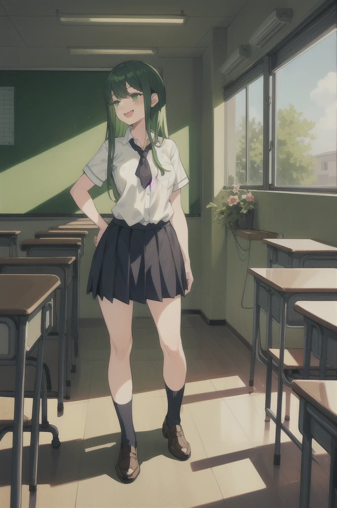 (1girl ,20s,mature female,adult),happy,white shirt,short sleeves,black standard tie,black school skirt,green hair,long hair,(classroom),full body,alraune, flower, vines