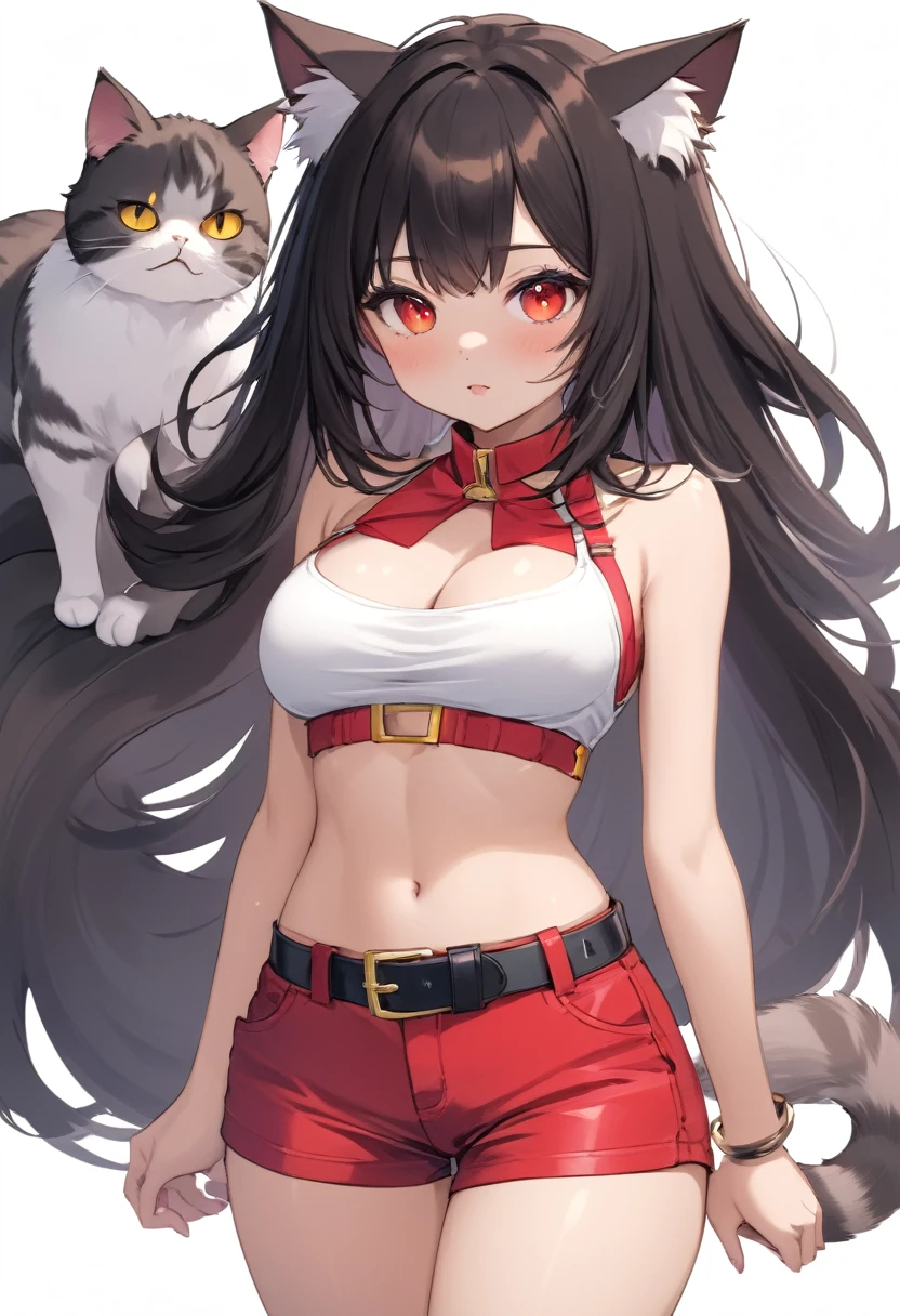 1girl, long hair, breasts, looking at viewer, blush, bangs, large breasts, black hair, navel, animal ears, cleavage, bare shoulders, medium breasts, closed mouth, standing, collarbone, tail, yellow eyes, thighs, shorts, solo focus, midriff, cat ears, collar, cat tail, animal ear fluff, bare arms, short shorts, thigh gap, cat girl, neck bell, camisole, strokes the head, red shorts, red collar, belt collar

