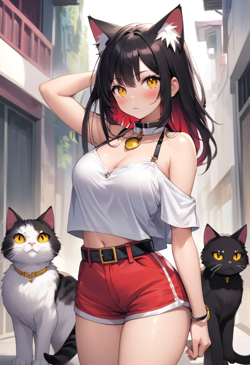 1girl, long hair, breasts, looking at viewer, blush, bangs, large breasts, black hair, navel, animal ears, cleavage, bare shoulders, medium breasts, closed mouth, standing, collarbone, tail, yellow eyes, thighs, shorts, solo focus, midriff, cat ears, collar, cat tail, animal ear fluff, bare arms, short shorts, thigh gap, cat girl, neck bell, camisole, strokes the head, red shorts, red collar, belt collar