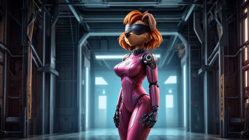 Skye from Paw Patrol, female cockapoo, anthro, mature adult, orange hair with fringe, medium breasts, medium butt, tall, blindfold, pink cybernetic robot bodysuit, smooth, standing, serious, detailed, solo, beautiful, high quality, 4K