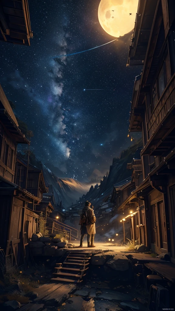 (Highly detailed CG Unity 8k wallpaper), A man looking up at the night sky, The most beautiful space art panorama, SF universe scenery, planet, Ed Blinky, Atey Gailan, Professional and spectacular paintings from Studio Ghibli, Jeremy Mann, Greg Manchess, Antonio Moro, Trending on Art Station, Trending on CGSociety, complicated, High detail, Sharp focus, dramatic, Photorealistic paintings by Midjourney and Greg Rutkowski