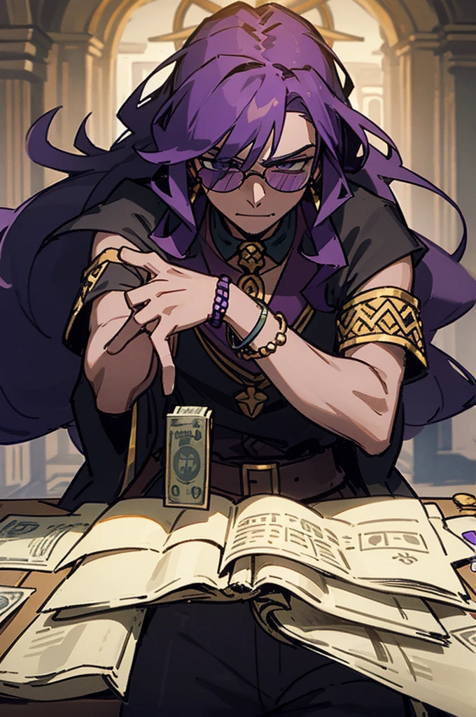 Male, guy, dude, long hair, curly hair, purple hair, medieval clothes, royal clothes, tons of bracelets and watches, money, rich, black shades, shades, cunning