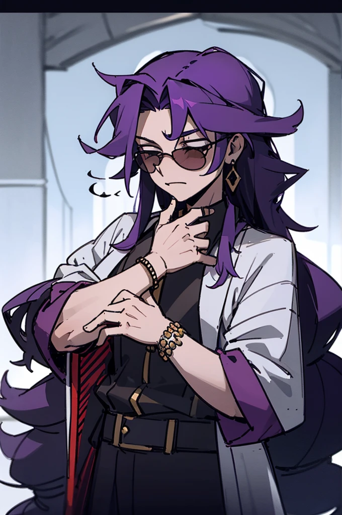 Male, guy, dude, long hair, curly hair, purple hair, medieval clothes, royal clothes, tons of bracelets and watches, money, rich, black shades, shades, cunning