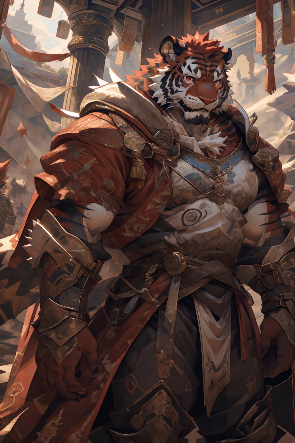 (赤红色tiger),(赤红流火Military commander战袍),(Holding a long sword),Awesome posture,Sitting quietly on the edge of the cliff,(The background is a city with bright lights.:1.2),Abdominal muscles,完美的masterpiece,Various facial details,Close-up view,specific description,masterpiece,cg,(Red eyes),Crimson pattern,Crimson tail,Military commander,Heroic,tiger,Crimson fur,Detailed facial details,),(Half Body),(Long feather),((middle aged)),(Face Focus:1.3),(16K),HD,Red and white abdomen,temple,beard,(Face lines),Heterochromia,(Red battle robe),(Crimson hair),Strong,muscle,(high resolution:1.3),