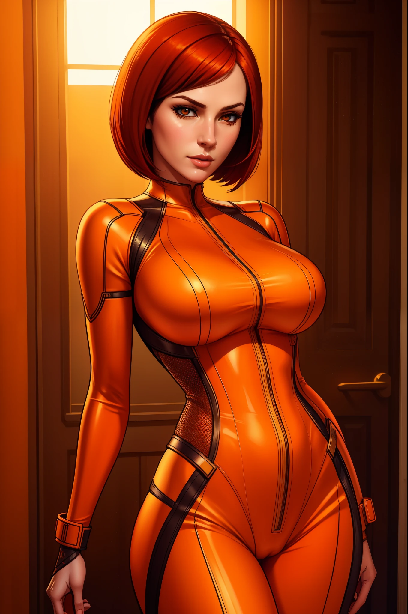 Cate Archer, female character, body suit, bobcut hairstyle, orange and white color scheme, seductive pose, detailed facial features, intricate costume design, cinematic lighting, photorealistic rendering, concept art style, masterpiece, ultra-detailed, crimson hair