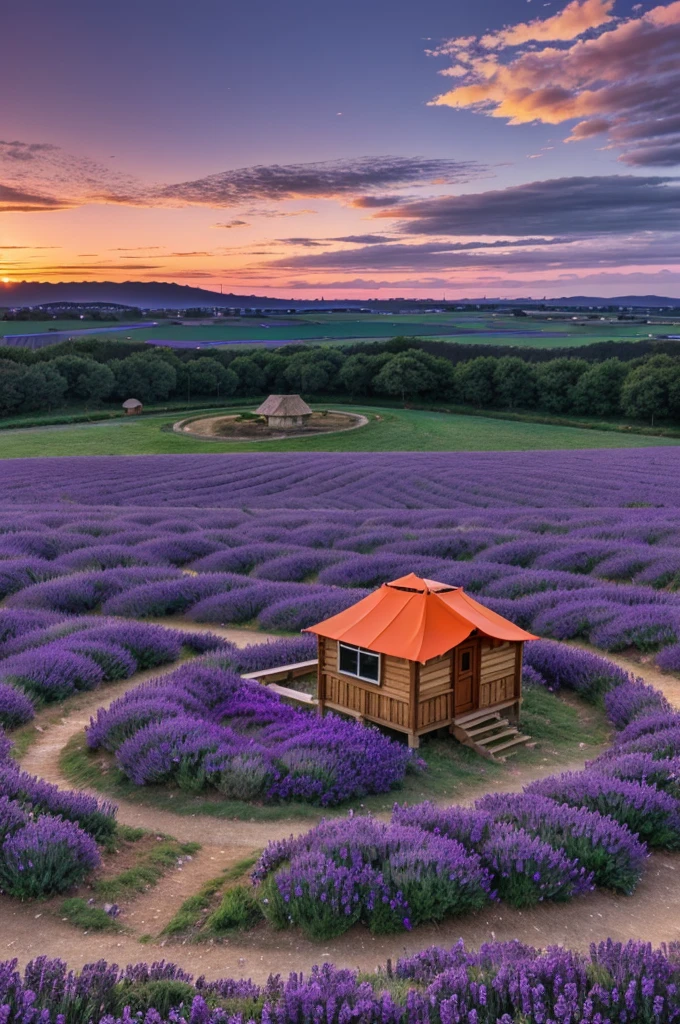 Small hut at the centre of large lavender field and purple orange evening sky in 4K quality