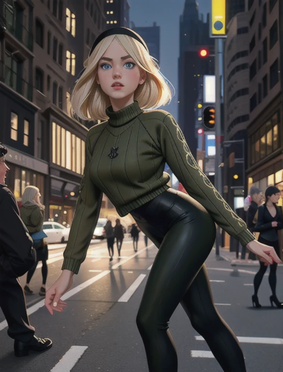 (masterpiece,best quality,absurdres,beautiful,aesthetic,detailed),cinematic angle, (Detailed face:1.2), (Detailed eyes:1.2), 1girl, solo (Gwen Stacy:1.1), platinum blonde hair, bright blue eyes, ((Wearing: Black headband, olive green sweater, black leggings, black heels)), standing outside on New York streets, crowds of people on the surroundings, busy atmosphere, cinematic lighting, detailed background,
