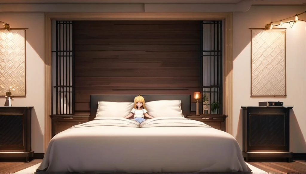 ((anime onichichi art, masterpiece, 4k, extreme quality)).
The year is 2024.
The theme is prostituition.
The setting is a 25m² room, the walls are white, the ceiling has friezes with 3000k LED that completely illuminates the setting, the floor is wooden, there is a wooden double bed with a light pink cover, a wooden nightstand next to.
There is a -yeld gi she is lying on the bed on her back, short height(short:2.3), blonde(long:1.9) hair(bright:2.2) messy, blue eyes(bright:1.9), face wonderful, slim body(thin:1.9), round breasts(large:2.1), thin waist(thin:1.9), round ass(large:1.3), wide hips, slender thighs, wearing shorts(short:1.4) jeans with open zipper, wearing a white t-shirt(short:1.4), she is embarrassed posing sensually.
Complete view of the scene.