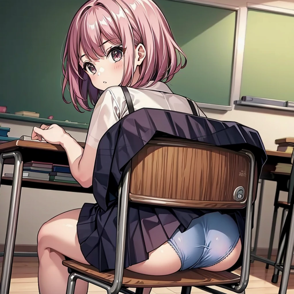 from behind, 1girl, chair exposure, ass, skirt lift, pleated skirt, looking back, classroom,JK pantie