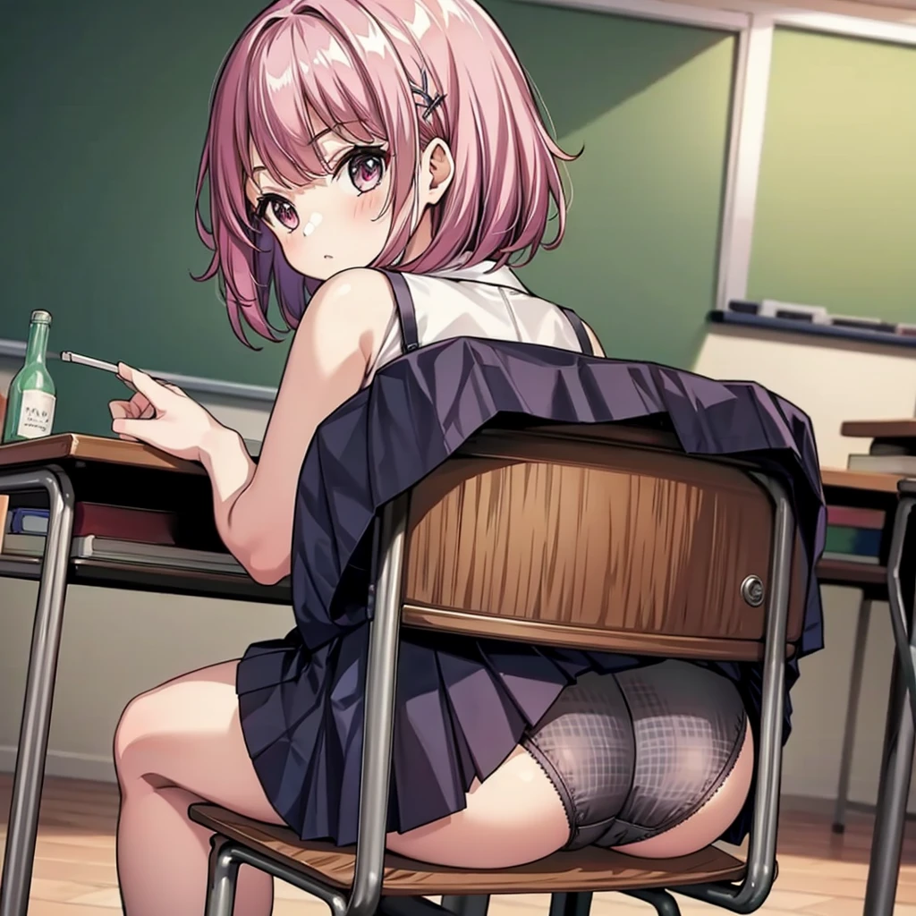 from behind, 1girl, chair exposure, ass, skirt lift, pleated skirt, looking back, classroom,JK pantie