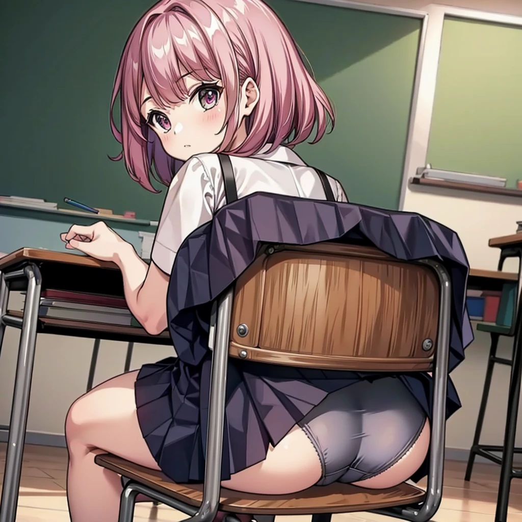 from behind, 1girl, chair exposure, ass, skirt lift, pleated skirt, looking back, classroom,JK pantie