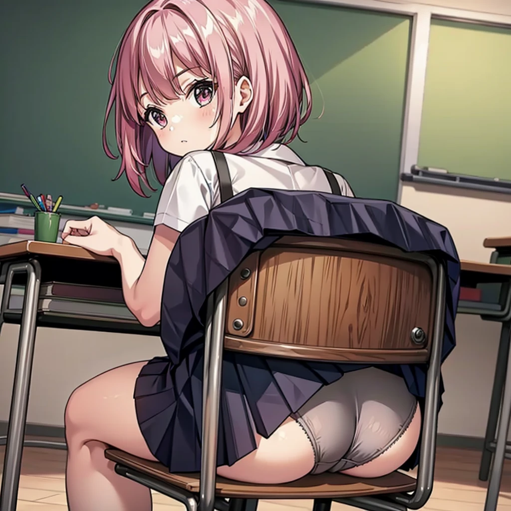 from behind, 1girl, chair exposure, ass, skirt lift, pleated skirt, looking back, classroom,JK pantie
