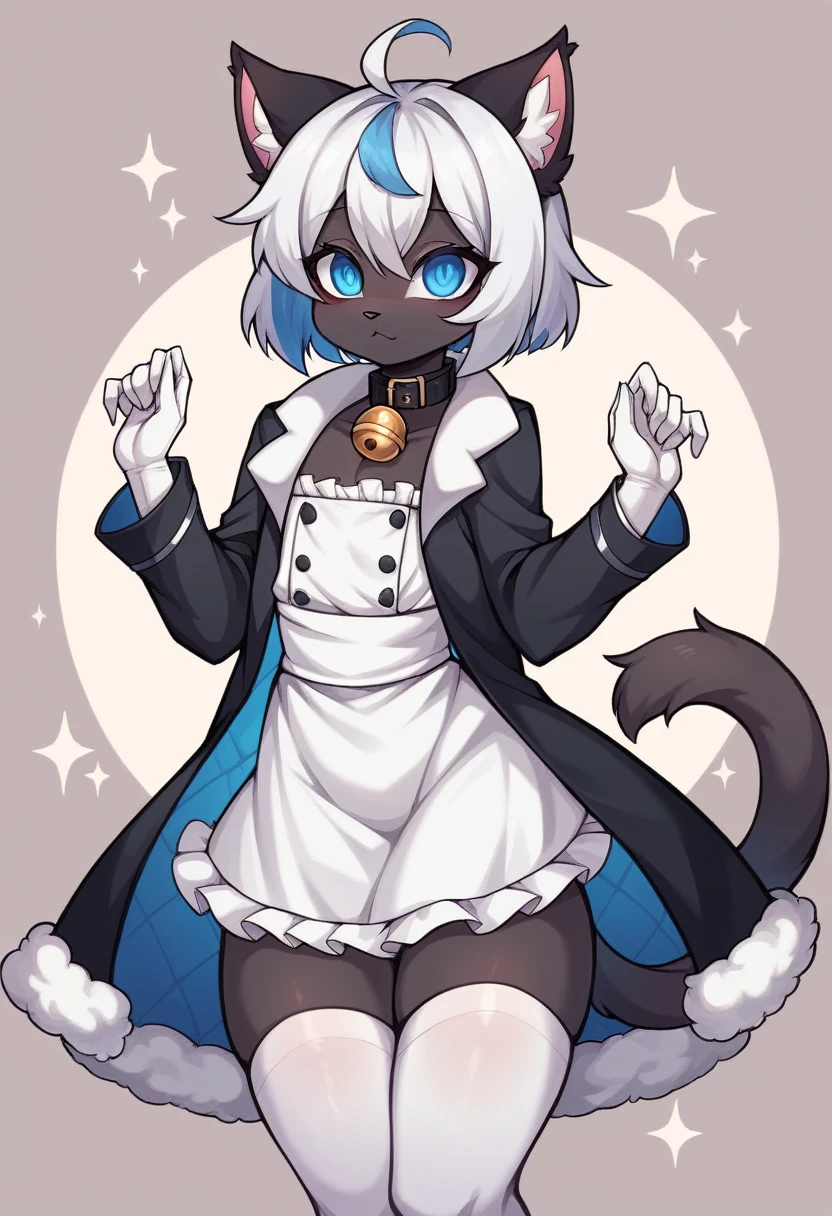 work of art, perfect, highy detailed, (small hibryd anthro cat femboy), fluffy black fur, ((blue colored eyes)), ((1))rabo de gato fluffly, short white hair, tiny chest, (CUTE CAT Ears), Wearing a collar, pelos pretos nas coxas e virilha fluffly, White silk gloves, silk white thigh socks, wearing a grayish-black snout, True muzzle, god of eyes, detailed coat, rabo de gatinho fluffly preto, detailed grout, furry, femboy, ,fluffly,black collar with bell, white maid dress, dominant pose, loli, covering private part, very detailed back, shiny fur
