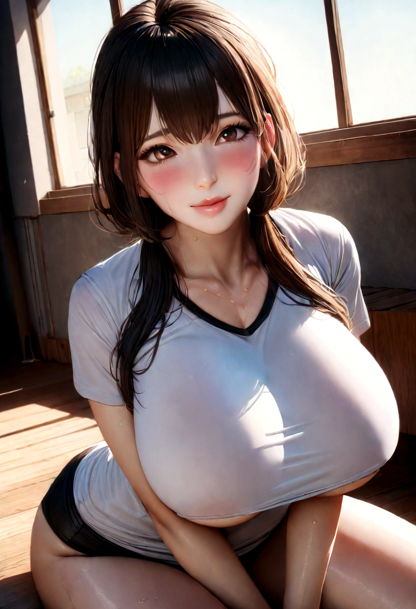 (Best Quality,8K,Photorealistic:1.2),1 girl, Natural lighting, an ecstatic look on one's face, bangsedium Hair、(Tight T-shirt,underboob)、(frombelow:1.2)、 blush, Glistening sweat, (Huge breasts, :1.2), (Hands between the legs:1.2)、close up