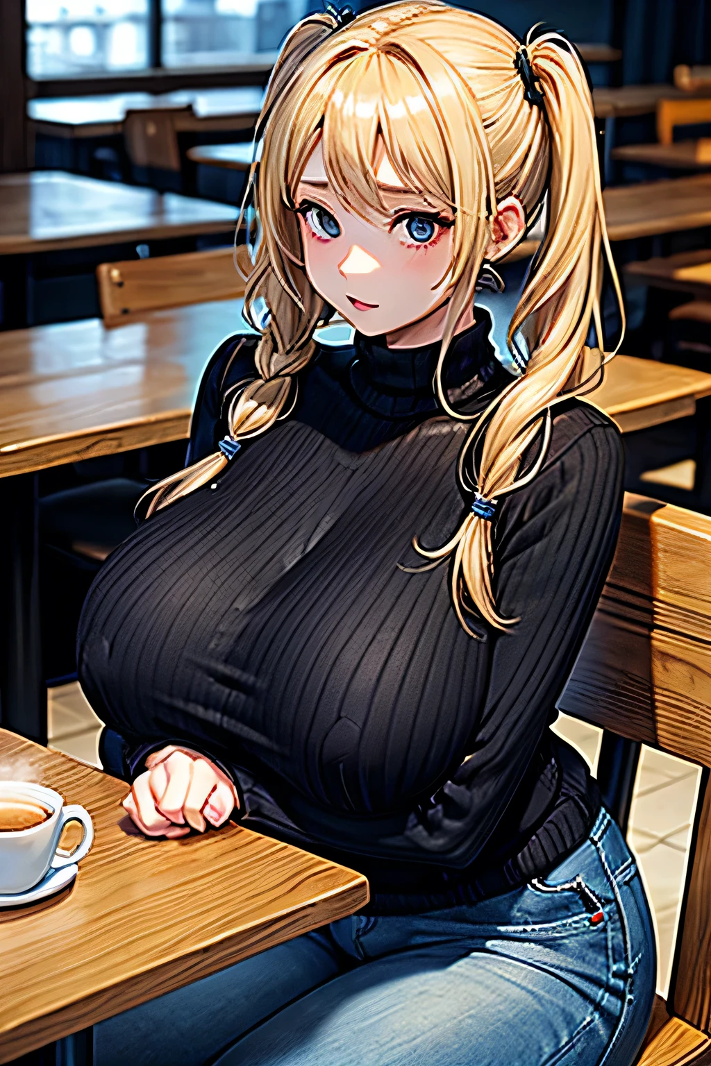 Blond hair pigtails, Gigantic breast, woman, wearing black sweater and jeans, sitting in a caffee, breast on table, Gigantic breast on table, Breasts huge, Breast bigger than body, 