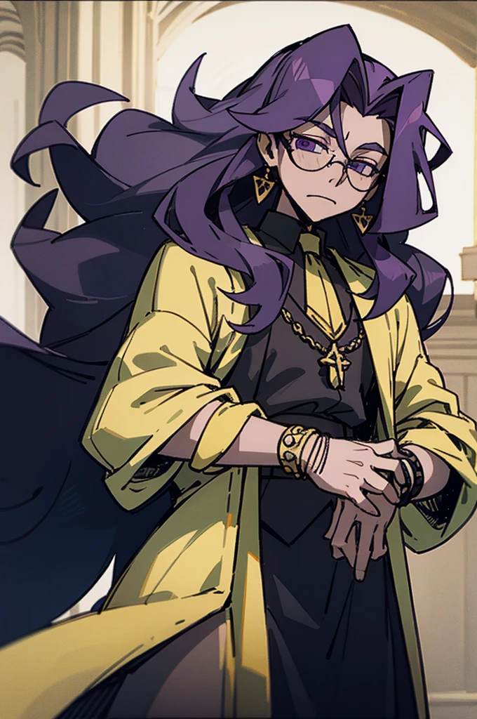Male, guy, dude, long hair, curly hair, purple hair, medieval clothes, royal clothes, tons of bracelets and watches, money, rich, black shades, shades, cunning
