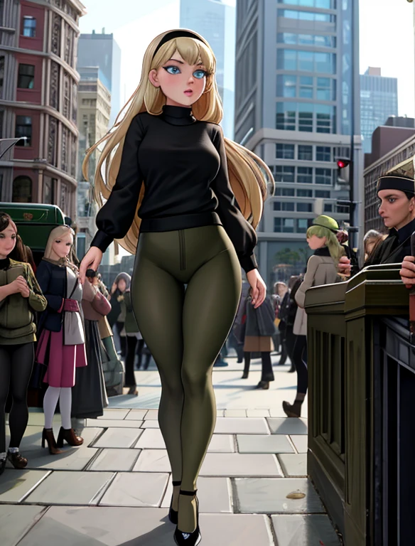 (masterpiece,best quality,absurdres,beautiful,aesthetic,detailed),cinematic angle, (Detailed face:1.2), (Detailed eyes:1.2), 1girl, solo (Gwen Stacy:1.1), platinum blonde hair, bright blue eyes, ((Wearing: Black headband, olive green sweater, black leggings, black heels)), standing outside on New York streets, crowds of people on the surroundings, busy atmosphere, cinematic lighting, detailed background,
