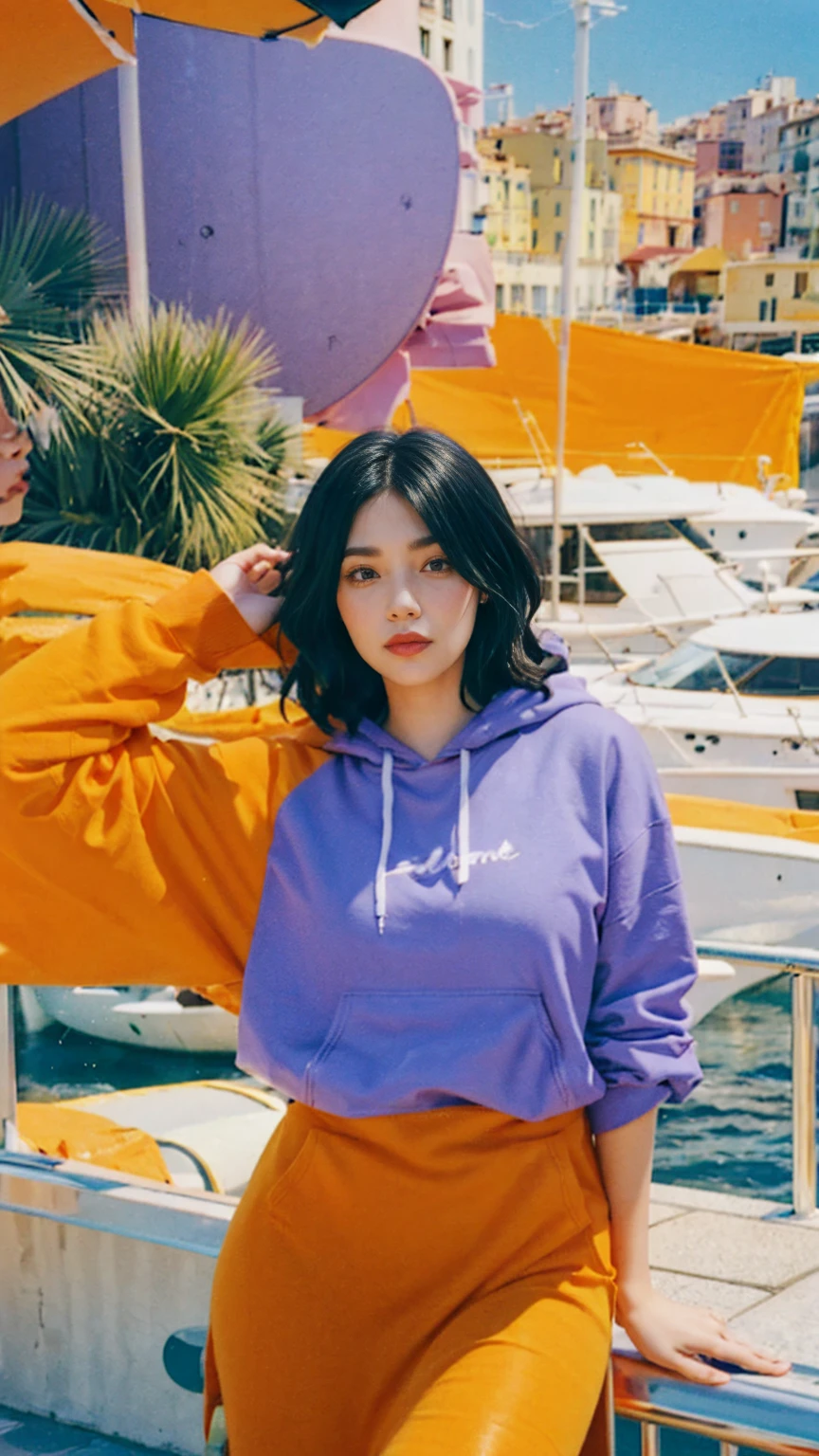 ((long shot photography)) ((best quality)), ((masterpiece)), (detailed),upper body,close-up, 8k, RAW photo,1 girl,smilie,real polaroid photo, beautiful, ultra-realistic,detail face ,light leak,dark intens shadow ,(black pixie hairstyles), almond eye, no makeup, (((blank oversized orange hoodie))), (purple color tenis skirt),the scene takes in front on a balcony overlooking the luxurious harbor of Monte Carlo with yachts docked against a backdrop of the iconic Casino de Monte-Carlo, (very detailed:1.1),(from below:1.2), (realistic:1.1), (surreal:1.2),palm trees,sunny,summer, blue sky