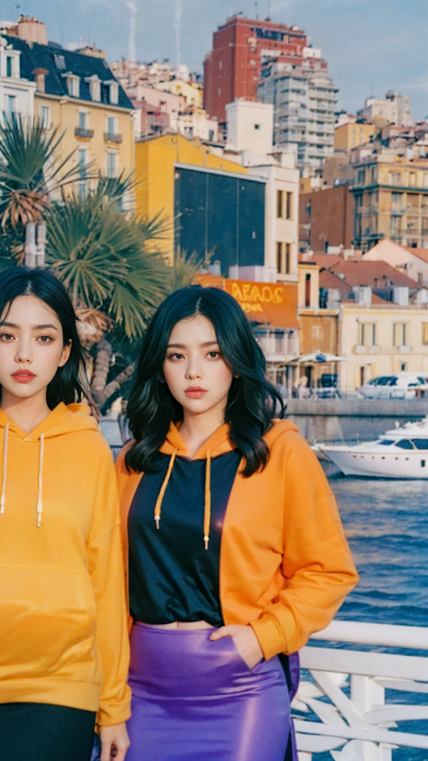 ((long shot photography)) ((best quality)), ((masterpiece)), (detailed),upper body,close-up, 8k, RAW photo,1 girl,smilie,real polaroid photo, beautiful, ultra-realistic,detail face ,light leak,dark intens shadow ,(black pixie hairstyles), almond eye, no makeup, (((blank oversized orange hoodie))), (purple color tenis skirt),the scene takes in front on a balcony overlooking the luxurious harbor of Monte Carlo with yachts docked against a backdrop of the iconic Casino de Monte-Carlo, (very detailed:1.1),(from below:1.2), (realistic:1.1), (surreal:1.2),palm trees,sunny,summer, blue sky