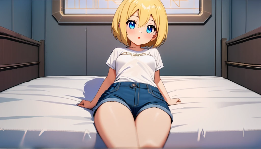 2D Anime Style、Blue eyes、breasts are slightly larger、A cool adult woman with short blonde hair and a tired expression,In the bedroom,In underwear,Lying down,Spread the genitals with your fingers,genitals are white and wet,Almost naked