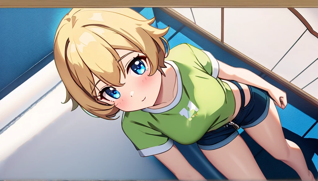 ((anime onichichi art, masterpiece, 4k, extreme quality)). 
The year is 2024. 
The theme is prostituition.  
The setting is a 25m² room, the walls are white, the ceiling has friezes with 3000k LED that completely illuminates the setting, the floor is wooden, there is a wooden double bed with a light pink cover, a wooden nightstand next to.  
There is a , she is lying on the bed on her back, short height(short:2.3), blonde(long:1.9) hair(bright:2.2) messy, blue eyes(bright:1.9), face wonderful, slim body(thin:1.9), round breasts(large:2.1), thin waist(thin:1.9), round ass(large:1.3), wide hips, slender thighs, wearing shorts(short:1.4) jeans with open zipper, wearing a white t-shirt(short:1.9), she is embarrassed. 
Complete view of the scene.
