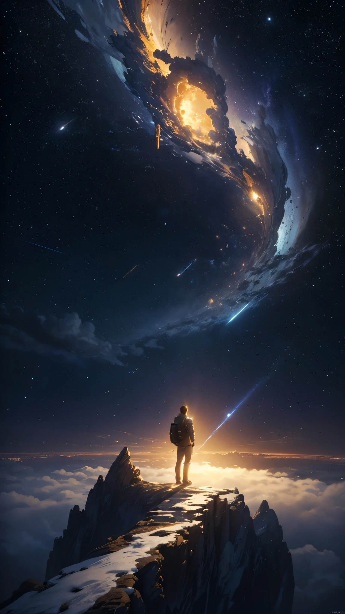 (Highly detailed CG Unity 8k wallpaper), A man looking up at the night sky, The most beautiful space art panorama, SF universe scenery, planet, Ed Blinky, Atey Gailan, Professional and spectacular paintings from Studio Ghibli, Jeremy Mann, Greg Manchess, Antonio Moro, Trending on Art Station, Trending on CGSociety, complicated, High detail, Sharp focus, dramatic, Photorealistic paintings by Midjourney and Greg Rutkowski